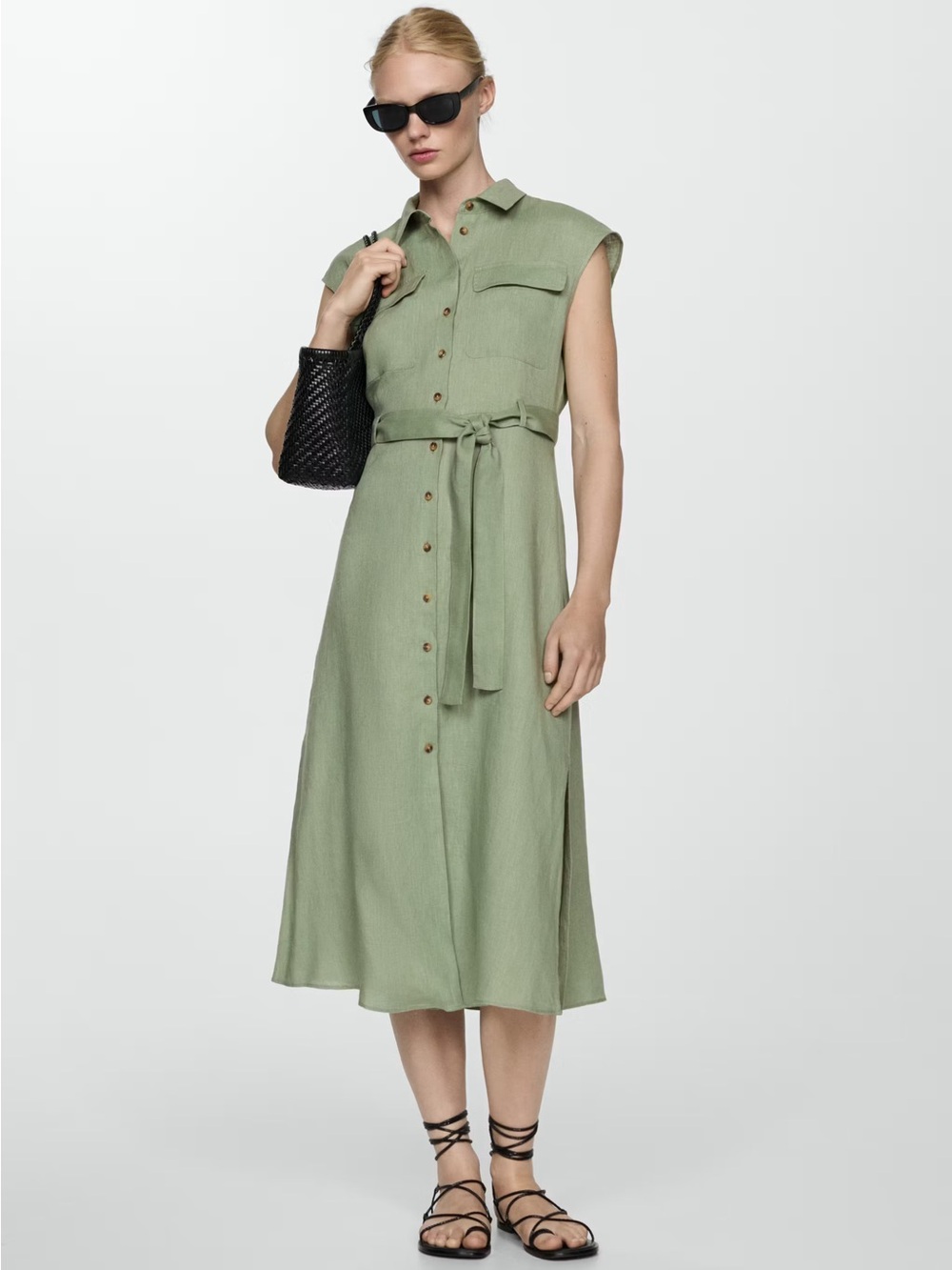 Mango Olive Green Button-Front Maxi Safari Shirt Dress